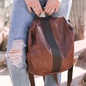 Bags | Luxe Brown Vegan Leather Mini Backpack With Zipper  display picture 3